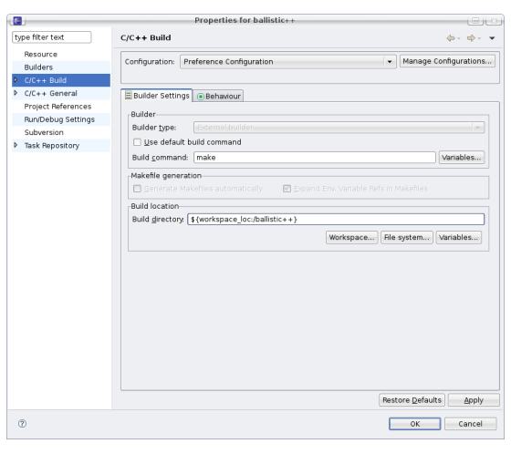 Screenshot: C++ Project Build Settings