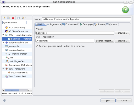 Screenshot: C++ Project Run Settings